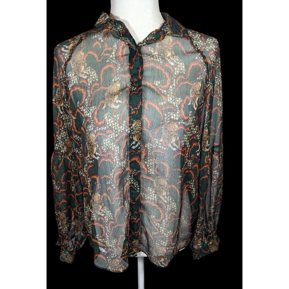 Anthropologie TP Sheer Green Tiger Button Up Blouse